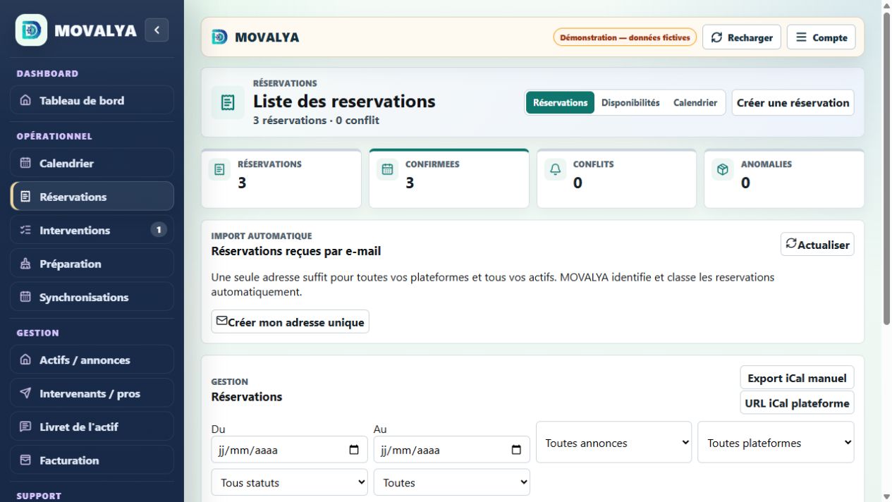 Vue fictive MOVALYA : trois réservations confirmées, suivi des conflits et des anomalies